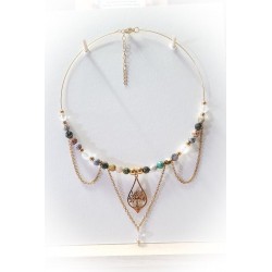 Collier "déesse Océane" doré en Jaspe Océan - Arbre de vie - Ci nature