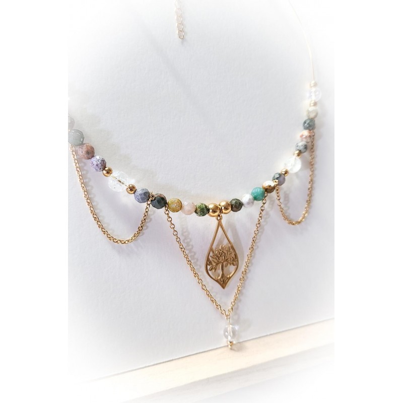 Collier "déesse Océane" doré en Jaspe Océan - Arbre de vie - Ci nature