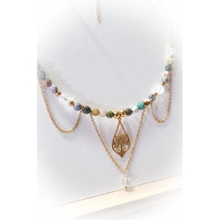 Collier "déesse Océane" doré en Jaspe Océan - Arbre de vie - Ci nature