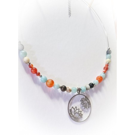 Collier "Déesse Harmonie" en Amazonite et Cornaline - Lotus argenté - Ci nature