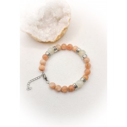 Bracelet jonc argenté en Pierre de Lune blanche et pêche-ci nature