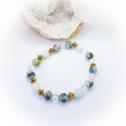 Bracelet doré ~Confiance en soi et en ses capacités~ Agate mousse, Cristal de roche et Péristérite-Ci nature