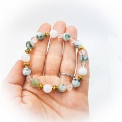 Bracelet doré ~Confiance en soi et en ses capacités~ Agate mousse, Cristal de roche et Péristérite-Ci nature