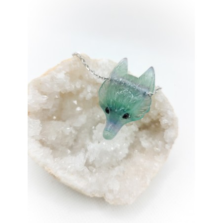 Pendentif en fluorite - tête de loup : équilibre, concentration, apaisement - Ci nature