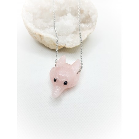 Pendentif en Quartz rose - Tête de loup : Amour, Douceur et Protection - Ci nature