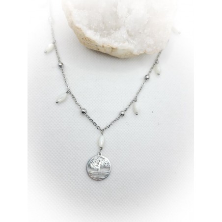 Pendentif acier inoxydable argenté, arbre de vie et nacre - ci nature