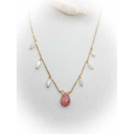 Collier doré en Rhodochrosite  et Nacre - acier inoxydable - ci nature