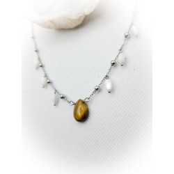 Collier argenté en nacre et oeil de tigre - acier inoxydable - ci nature