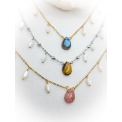 Collier argenté en nacre et oeil de tigre - acier inoxydable - ci nature