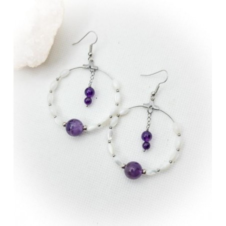 Boucles d'oreilles créoles argentées, Nacre et Améthyste - ci nature