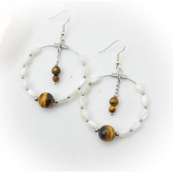 Boucles d'oreilles créoles argentées en Nacre et Œil de tigre - ci nature
