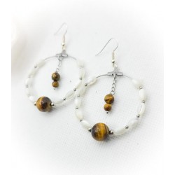 Boucles d'oreilles créoles argentées en Nacre et Œil de tigre - ci nature