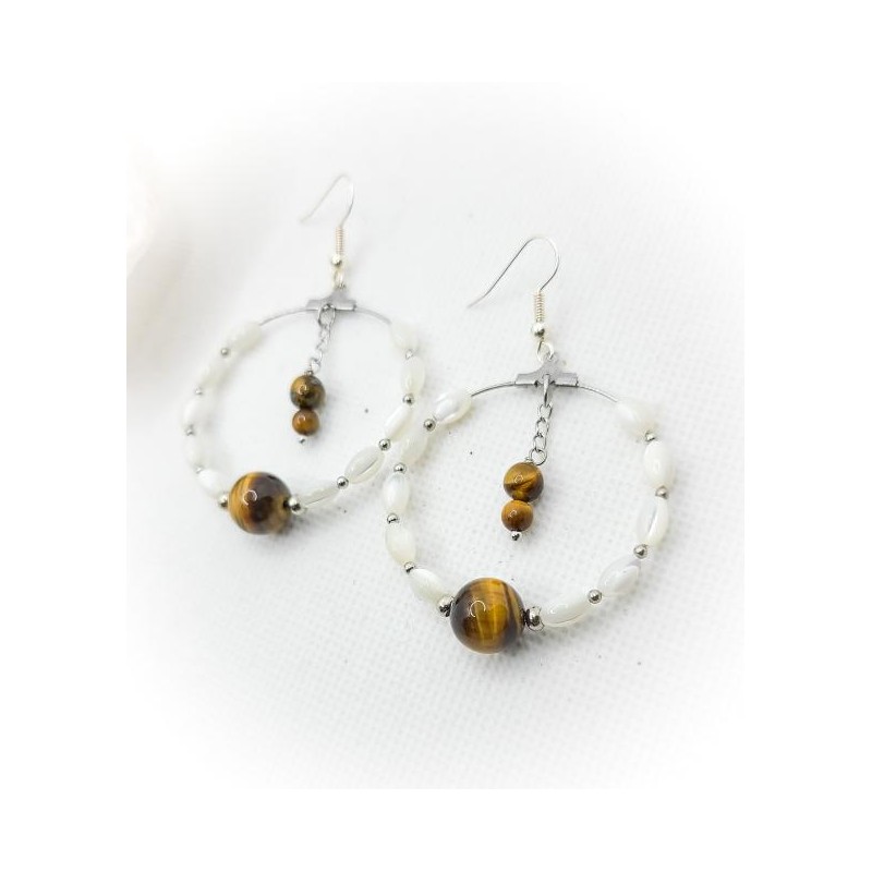 Boucles d'oreilles créoles argentées en Nacre et Œil de tigre - ci nature Boucles d'oreilles créoles argentées en Nacre et Œil de tigre - ci nature