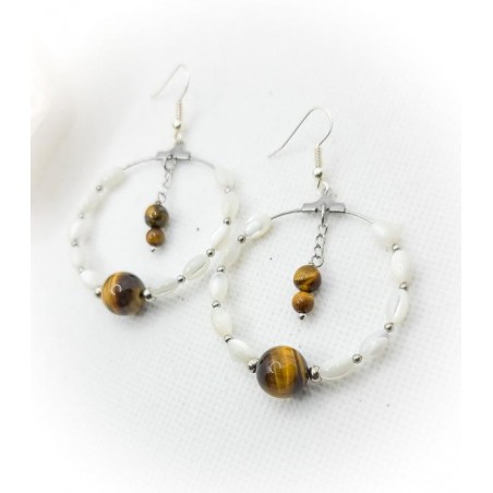 Boucles d'oreilles créoles argentées en Nacre et Œil de tigre - ci nature