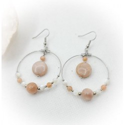 Boucles d'oreilles Créoles argentées en Pierre de lune pêche et Nacre - ci nature