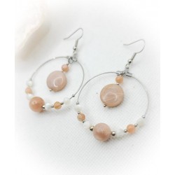 Boucles d'oreilles Créoles argentées en Pierre de lune pêche et Nacre - ci nature