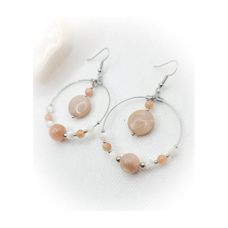 Boucles d'oreilles Créoles argentées en Pierre de lune pêche et Nacre - ci nature