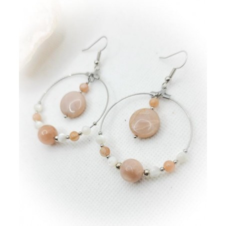 Boucles d'oreilles Créoles argentées en Pierre de lune pêche et Nacre - ci nature
