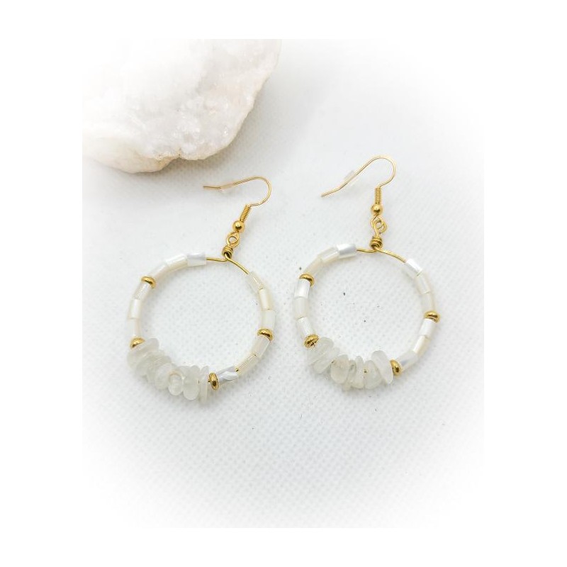 Boucles d'oreilles créoles dorées en Nacre et Péristérite - ci nature Boucles d'oreilles créoles dorées en Nacre et Péristérite - ci nature