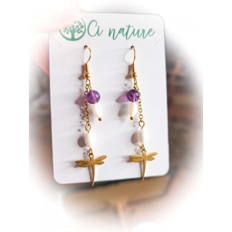 Boucles d'oreilles pendantes chaînette & pierre naturelles - ci nature Boucles d'oreilles pendantes chaînette & pierre naturelles - ci nature